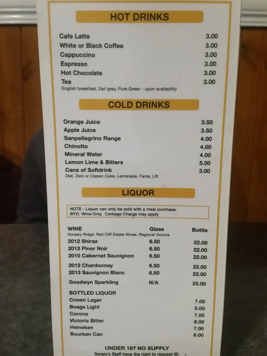 Menu, Sergios Pizza