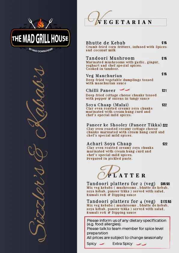 Menu, The Mad Grill House