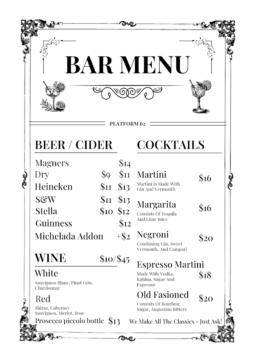Menu, PLATFORM 62