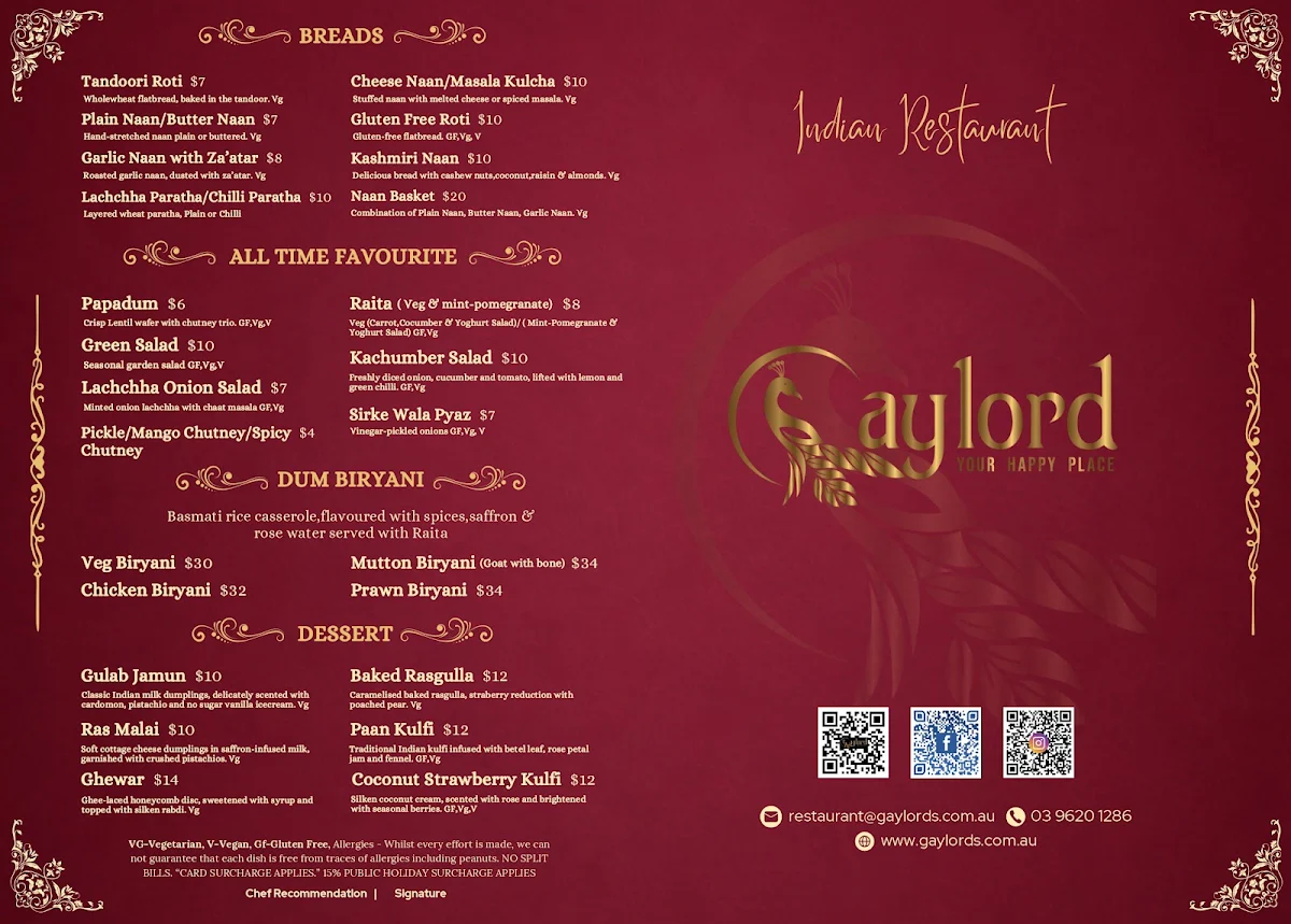 Menu, Gaylord Indian Restaurant