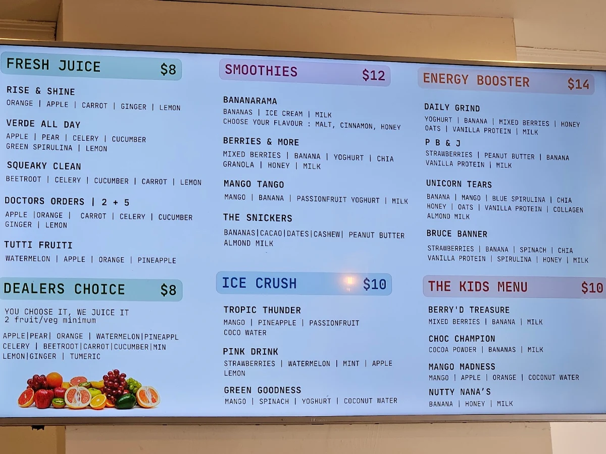 Menu, CINCO. Cafe & Juice bar