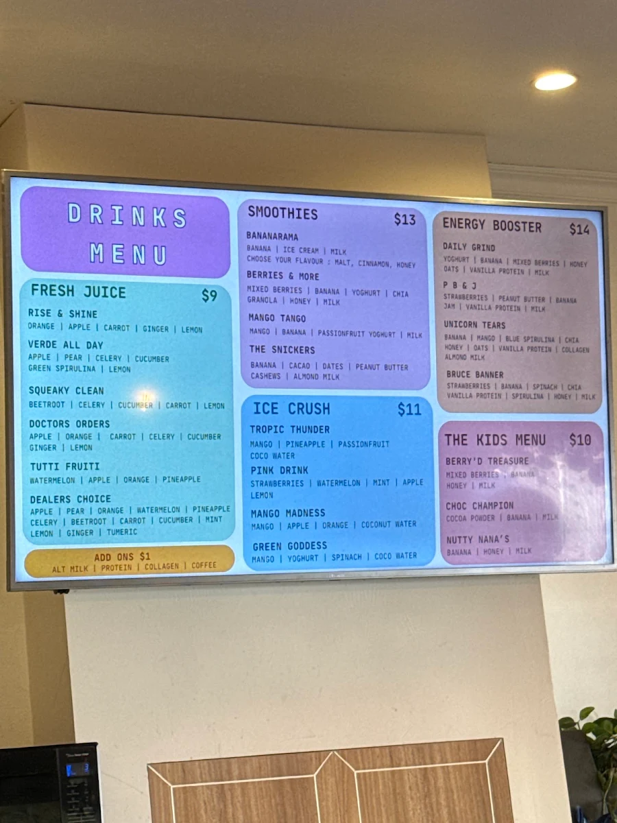 Menu, CINCO. Cafe & Juice bar