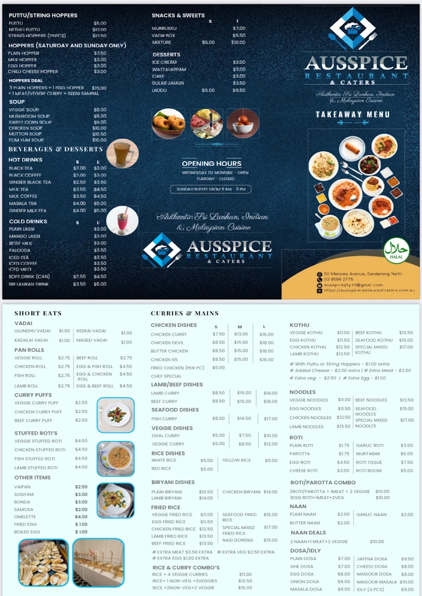 Menu, Ausspice Restaurant & Caters