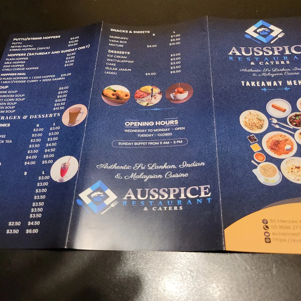 Menu, Ausspice Restaurant & Caters