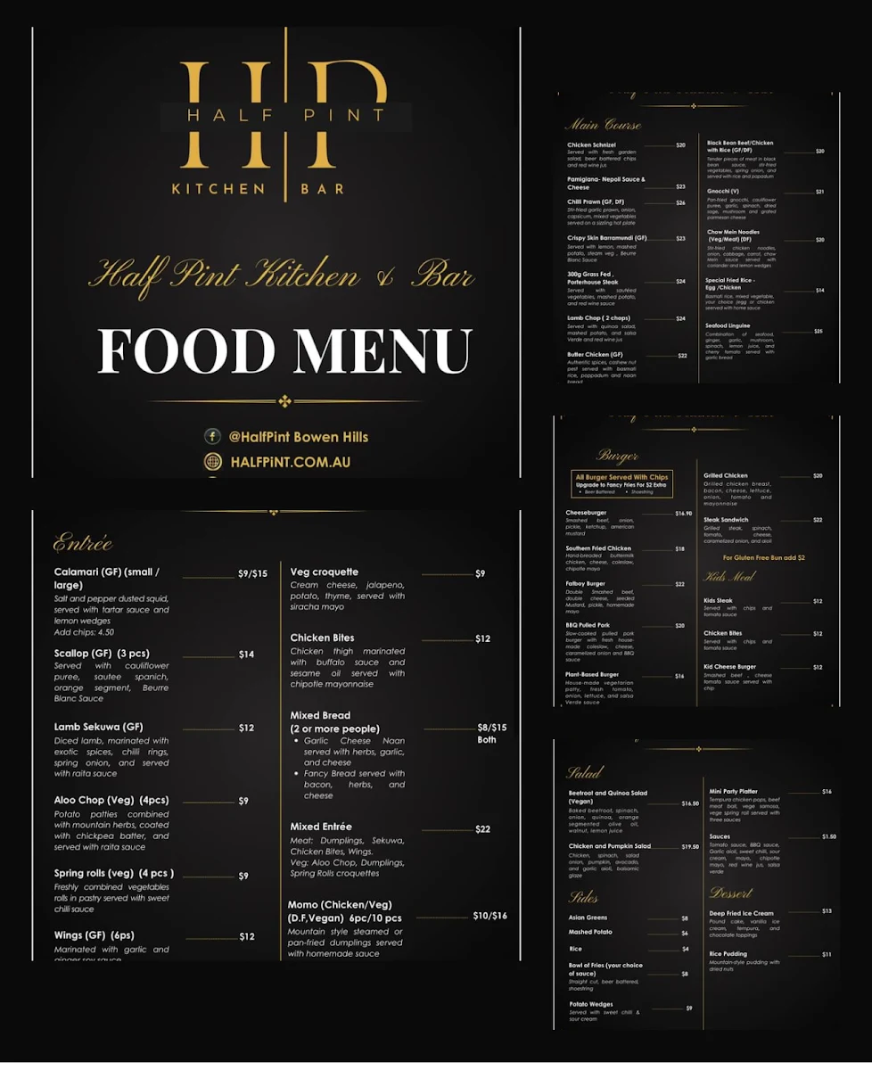 Menu, Half Pint Kitchen + Bar