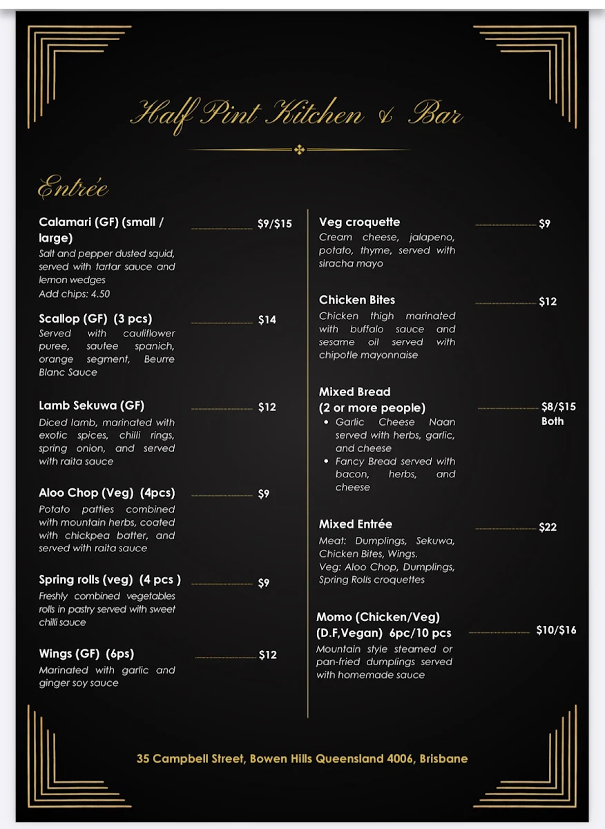 Menu, Half Pint Kitchen + Bar
