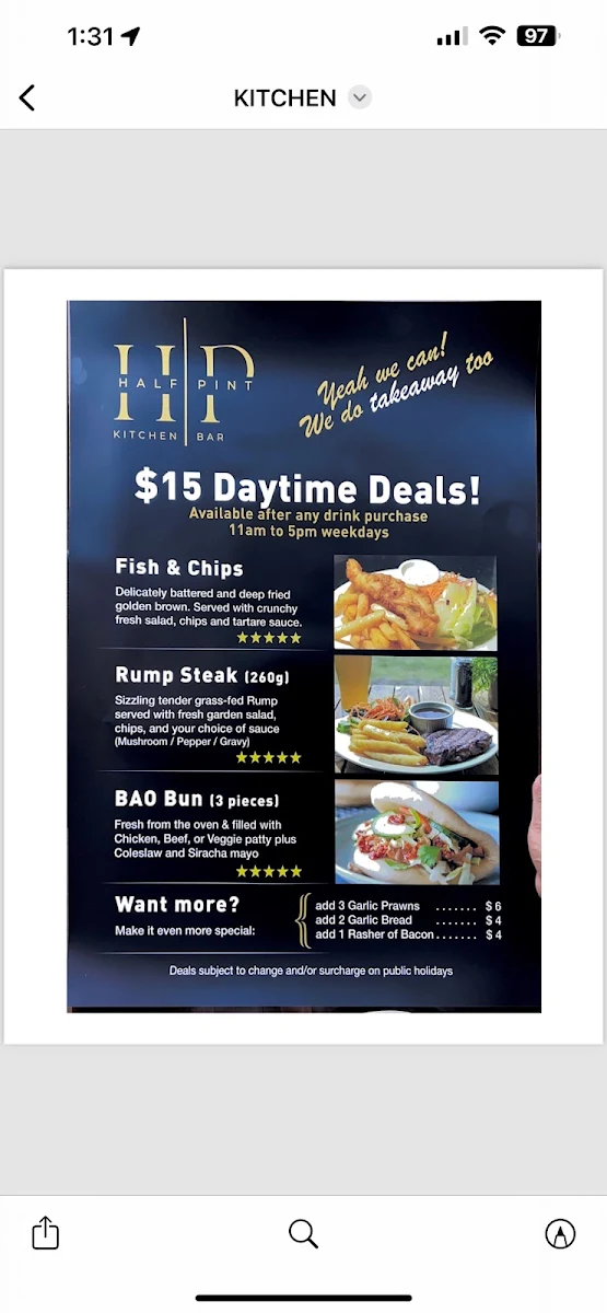 Menu, Half Pint Kitchen + Bar