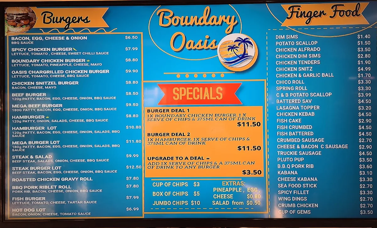 Menu, Boundary Oasis Takeaway & General Store