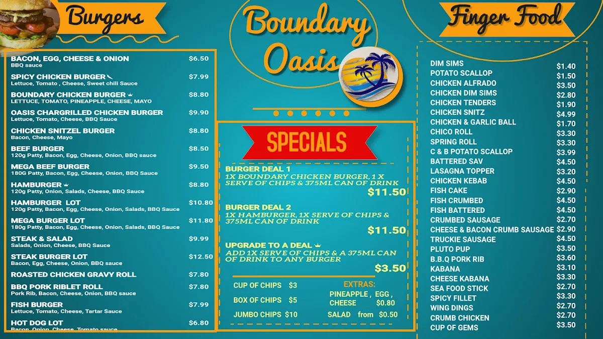 Menu, Boundary Oasis Takeaway & General Store