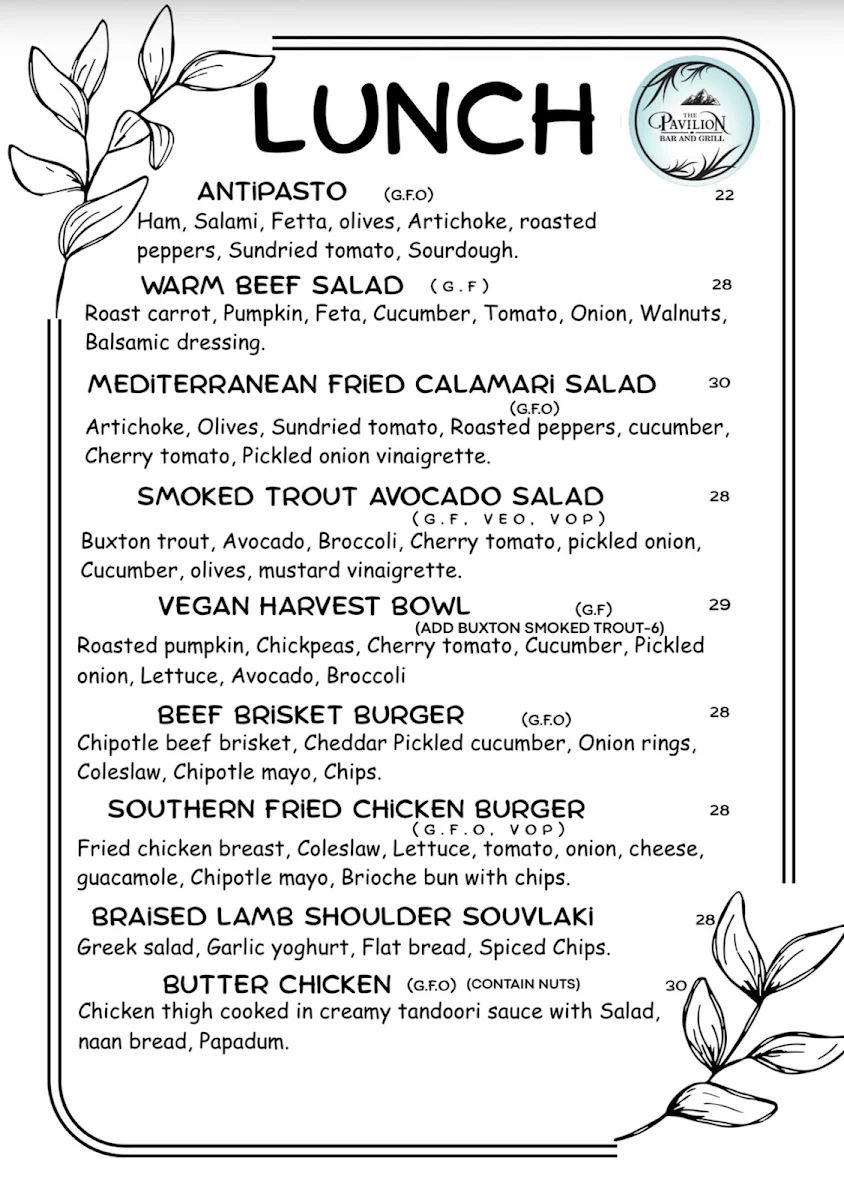 Menu, The Pavilion Bar and Grill Marysville