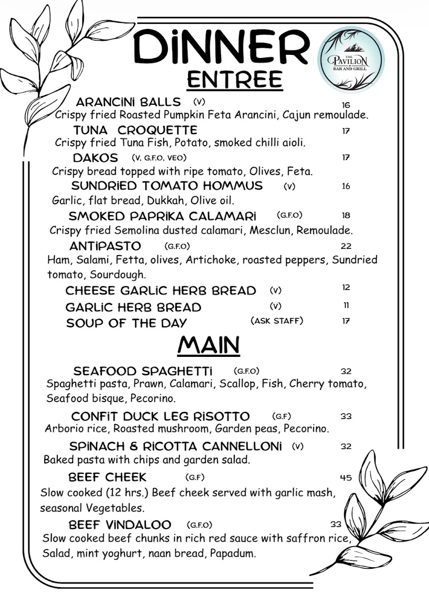 Menu, The Pavilion Bar and Grill Marysville