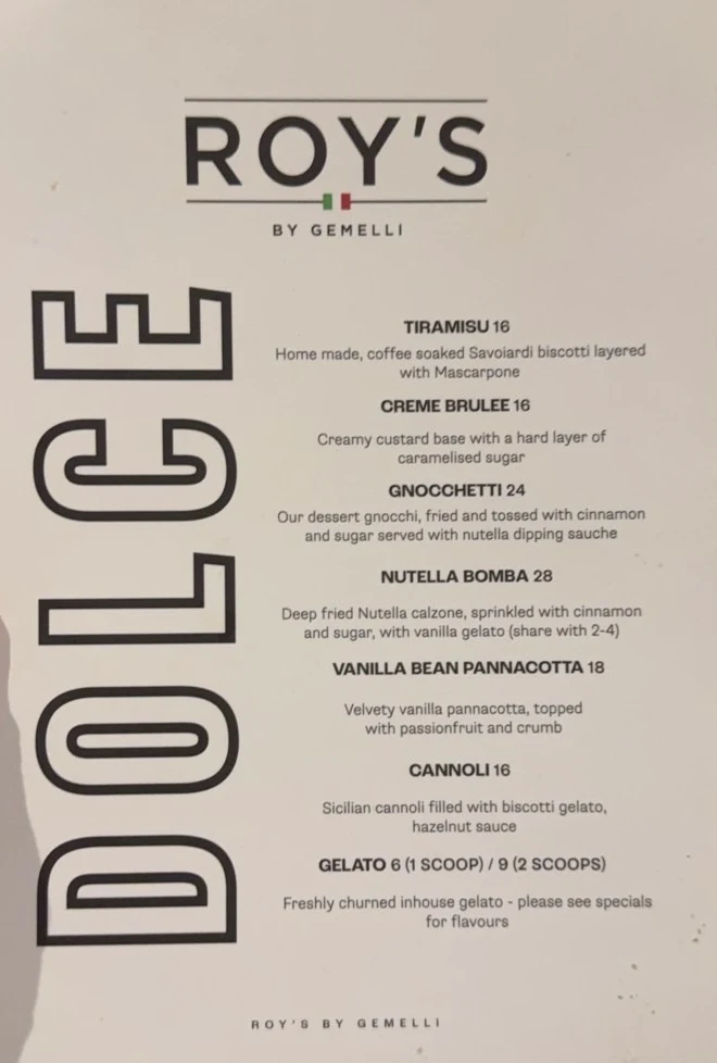 Menu, Roy's by Gemelli