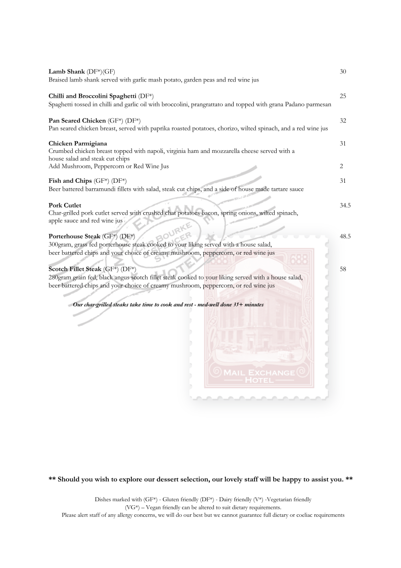 Menu, Mail Exchange Hotel