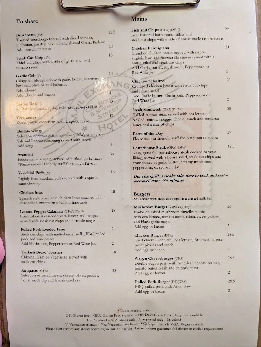 Menu, Mail Exchange Hotel