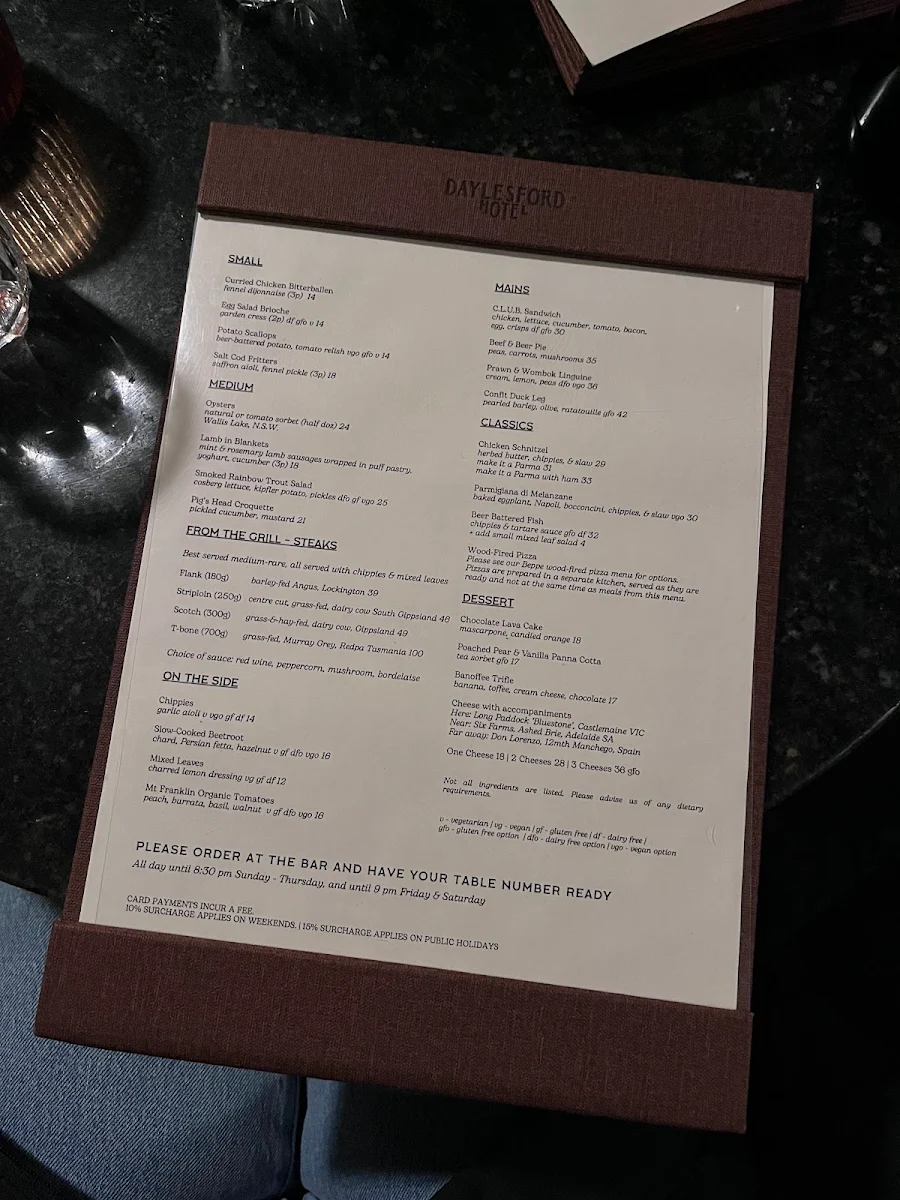 Menu, Daylesford Hotel
