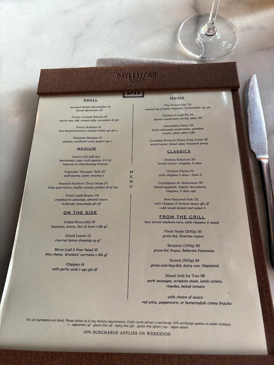 Menu, Daylesford Hotel