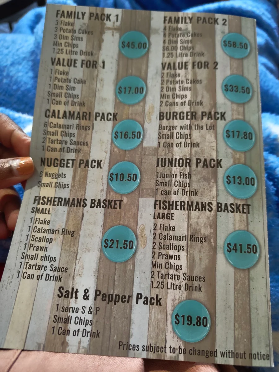 Menu, Pier 31 Fish & Chippery