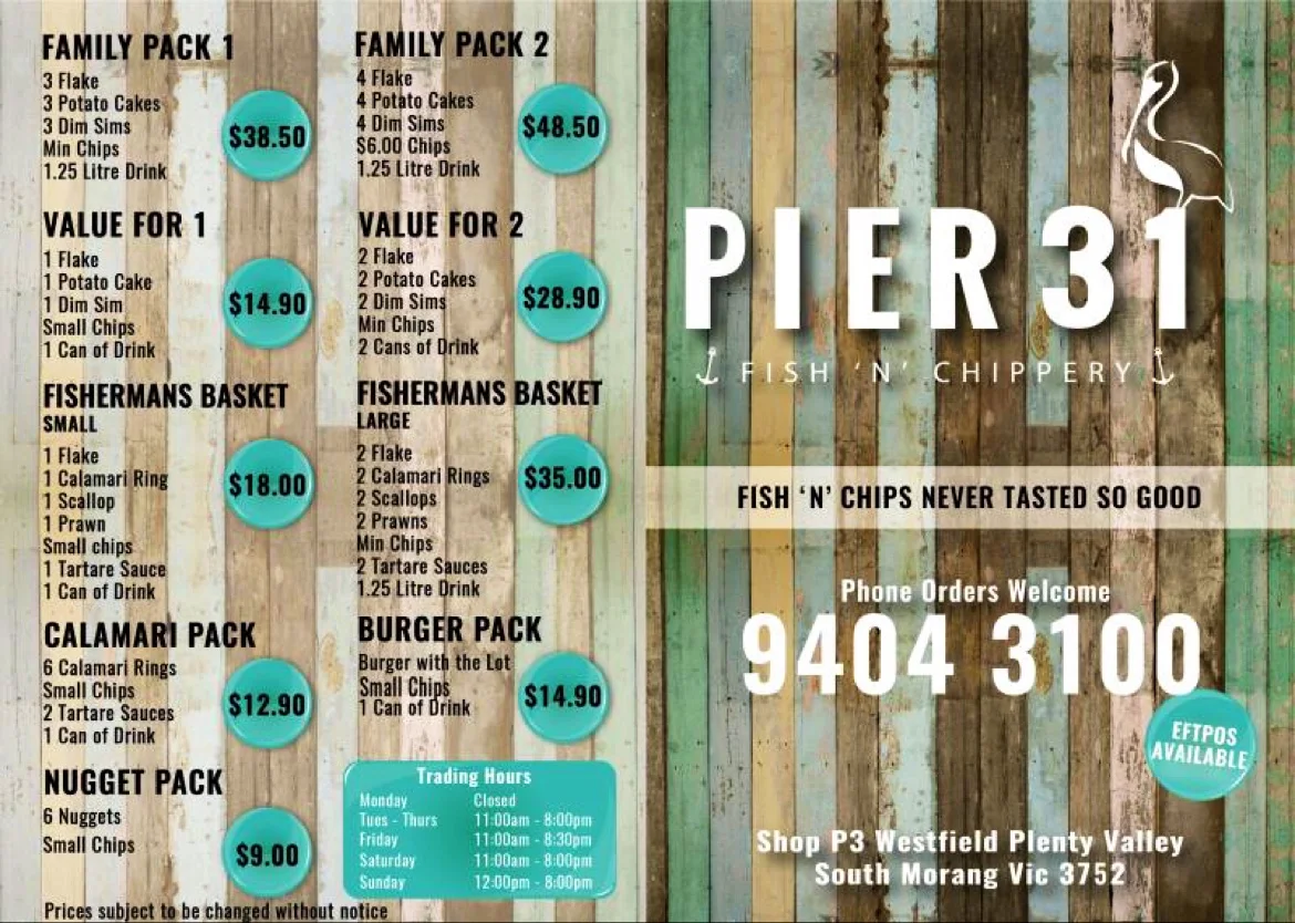 Menu, Pier 31 Fish & Chippery