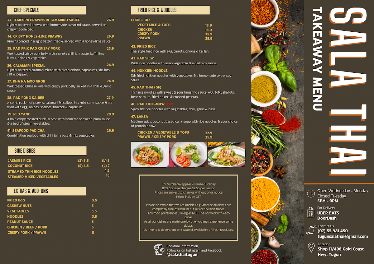 Menu, Sala Thai Restaurant