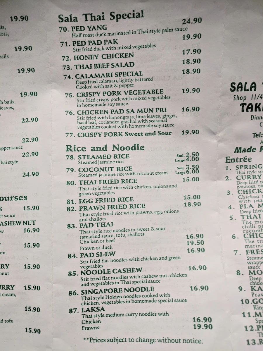 Menu, Sala Thai Restaurant