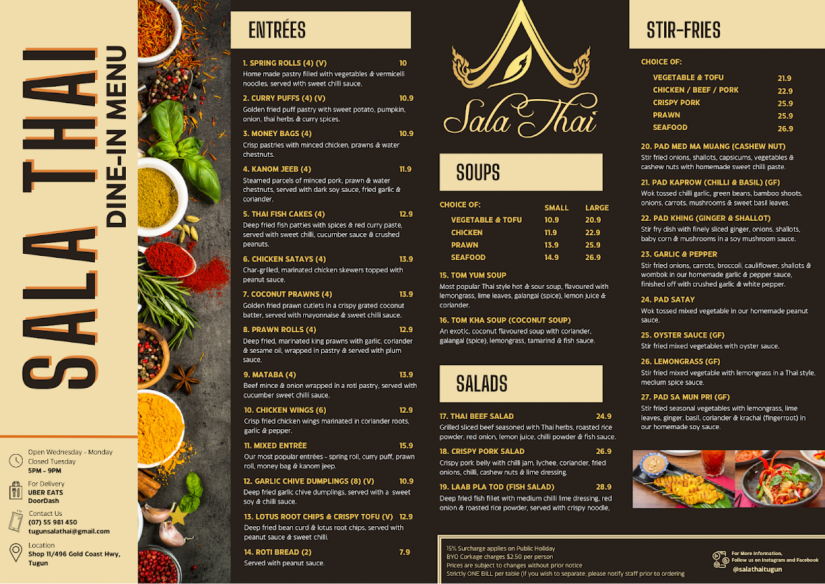Menu, Sala Thai Restaurant