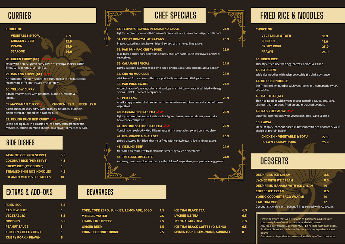 Menu, Sala Thai Restaurant