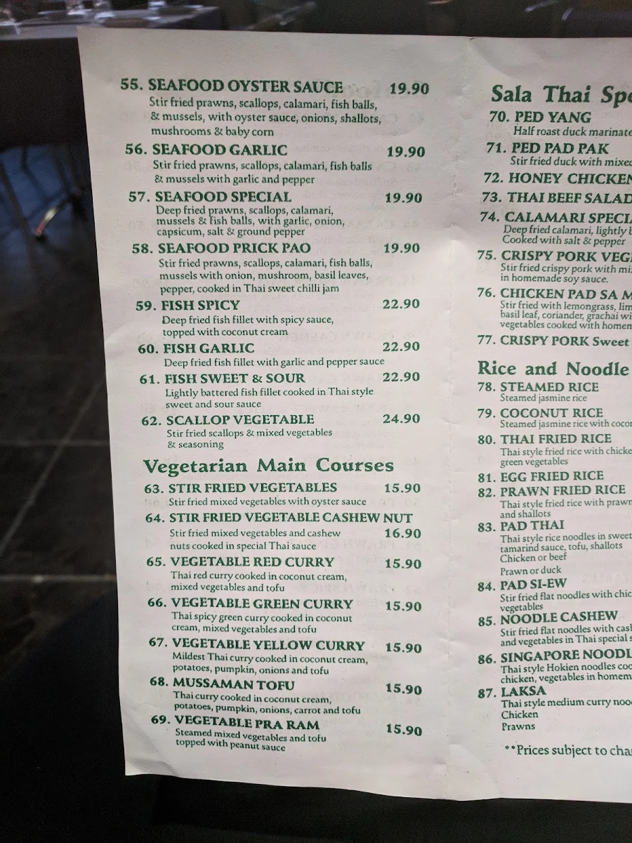 Menu, Sala Thai Restaurant