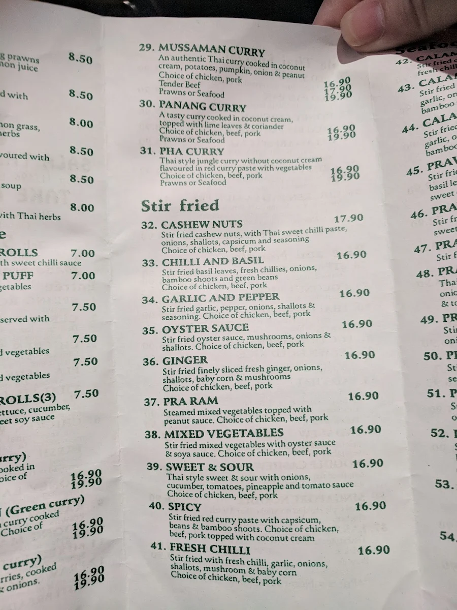 Menu, Sala Thai Restaurant