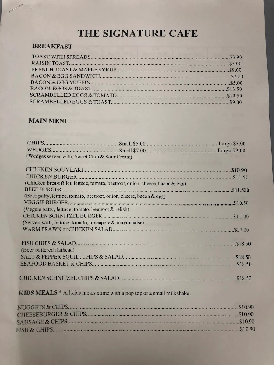 Menu, The Signature Cafe