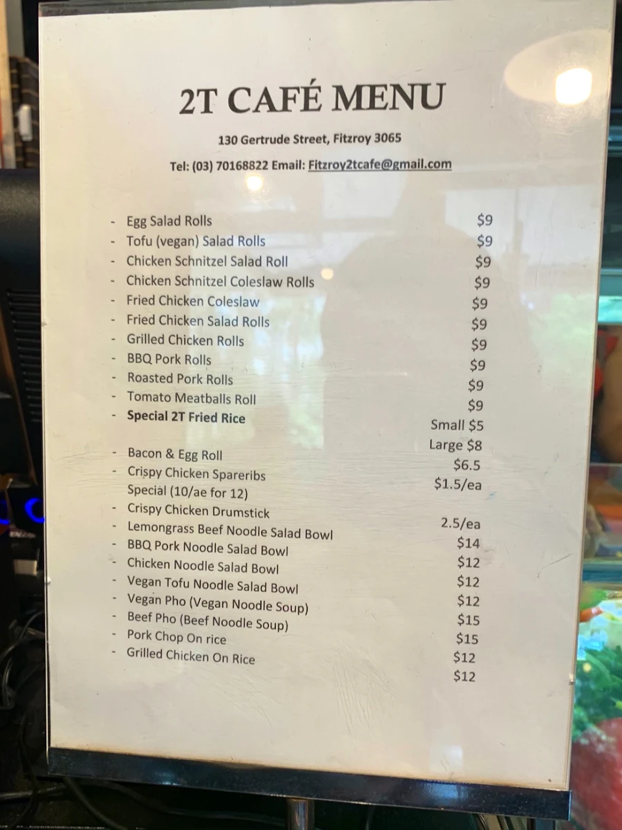 Menu, 2T Cafe
