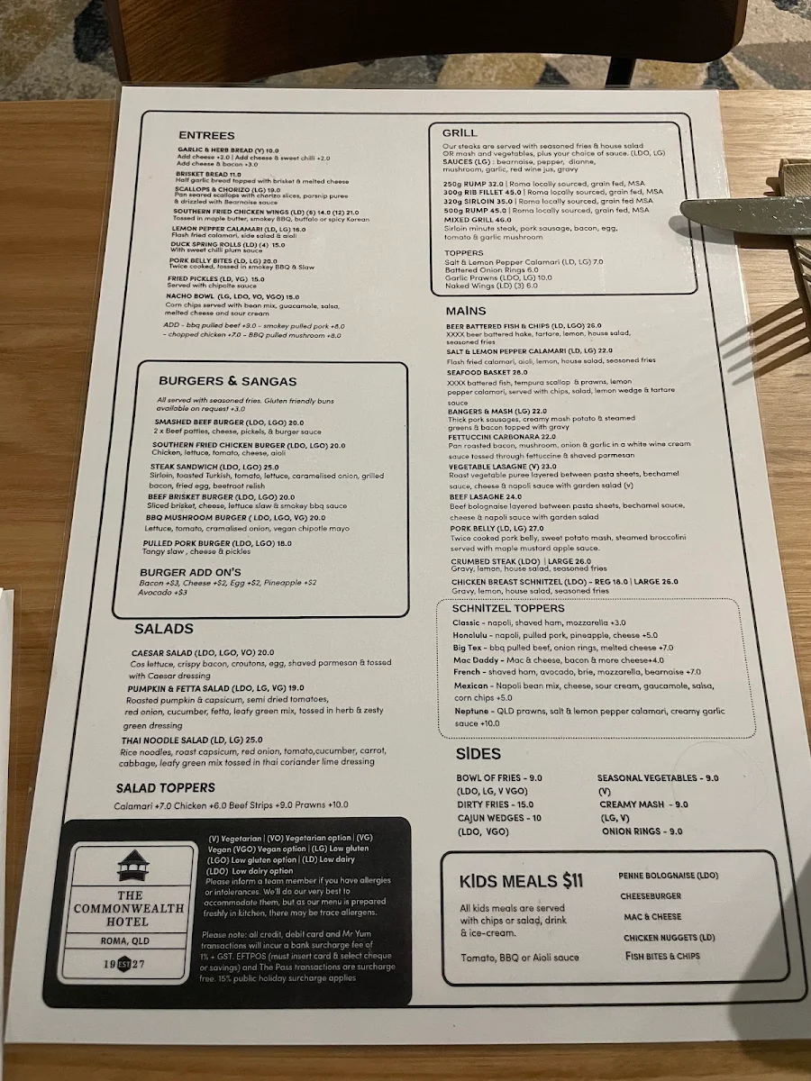 Menu, Commonwealth Hotel