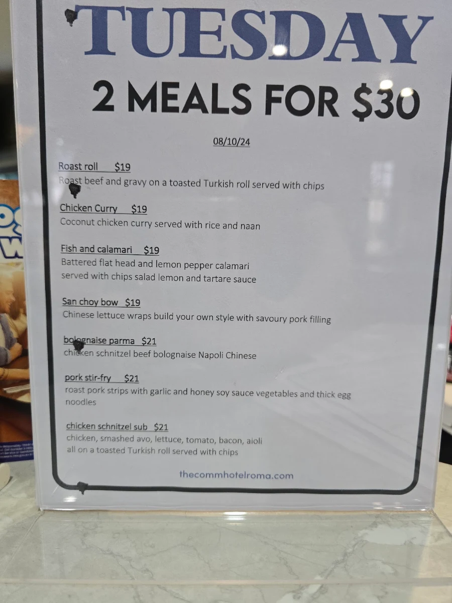 Menu, Commonwealth Hotel