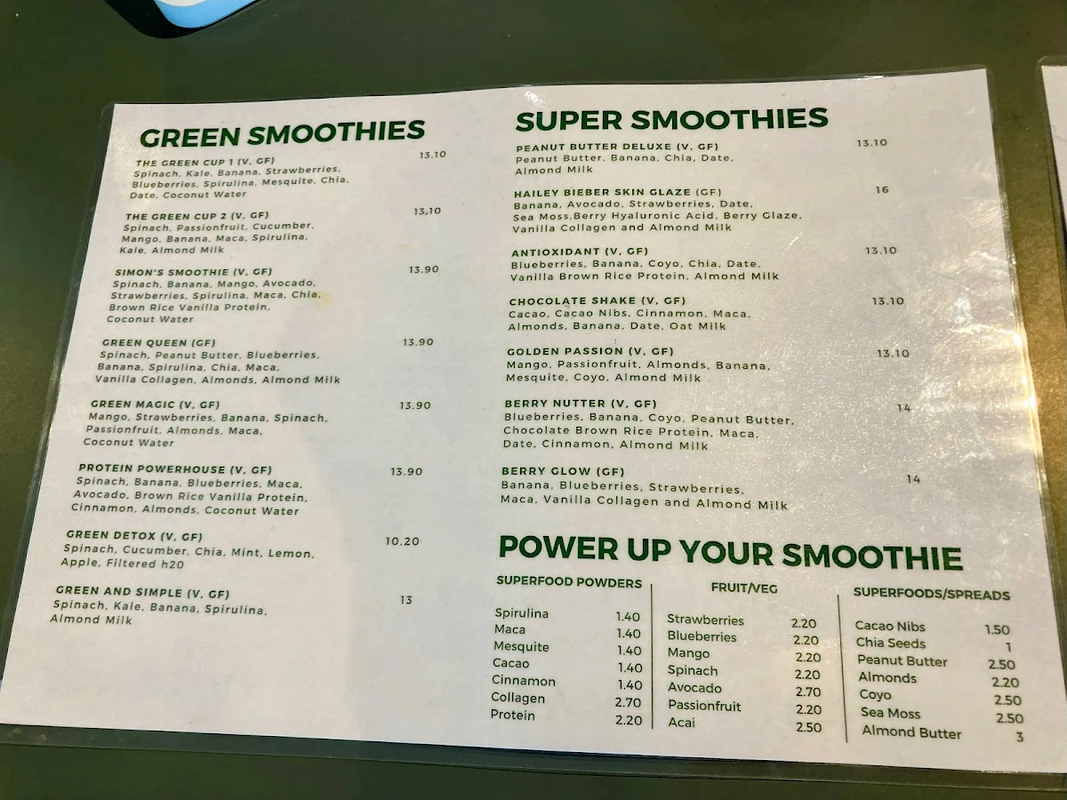 Menu, Green Cup South Yarra