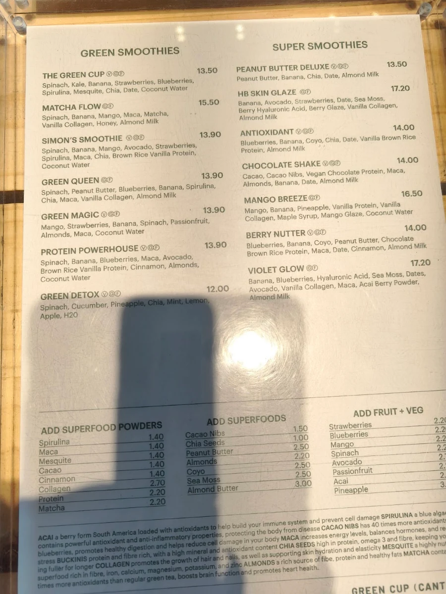 Menu, Green Cup South Yarra