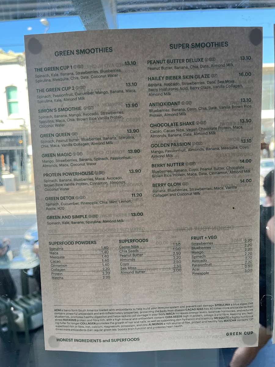 Menu, Green Cup South Yarra