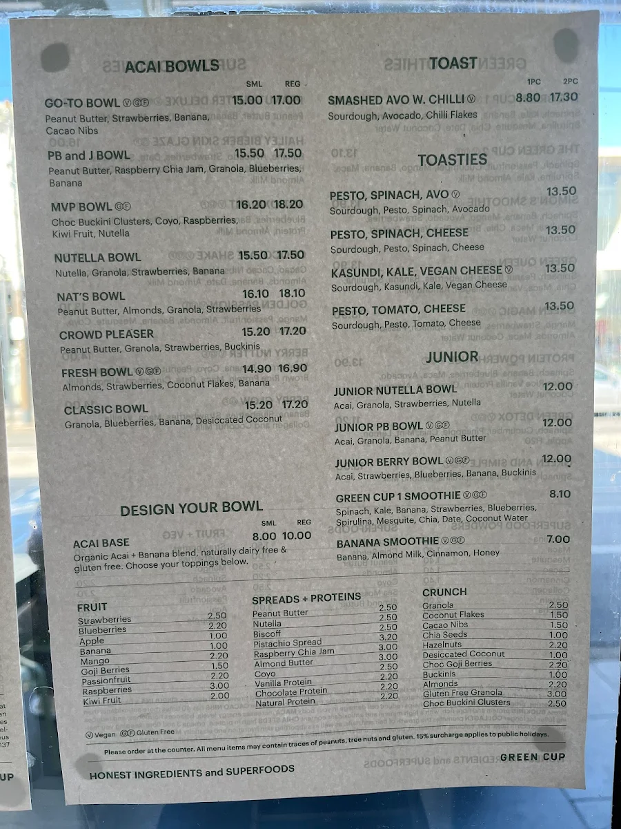 Menu, Green Cup South Yarra
