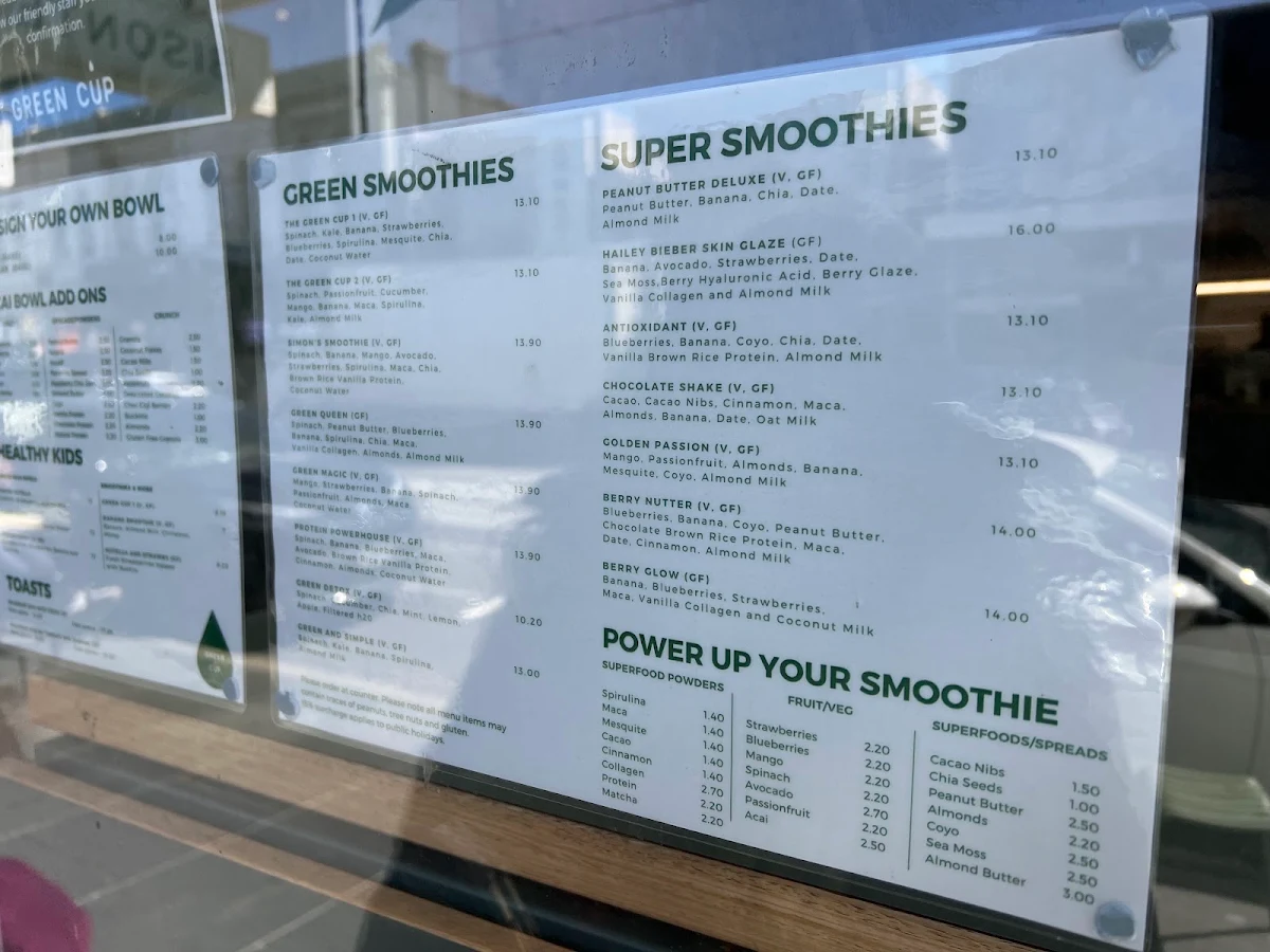 Menu, Green Cup South Yarra