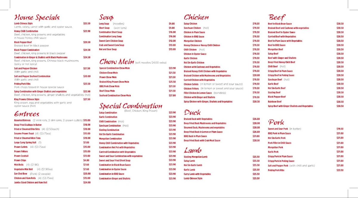 Menu, Wing Wah Restaurant
