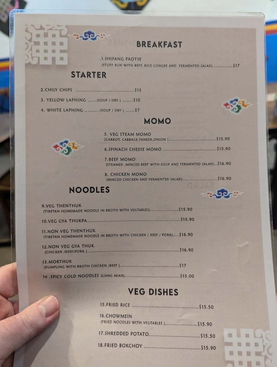 Menu, TIBETAN PEACE RESTAURANT