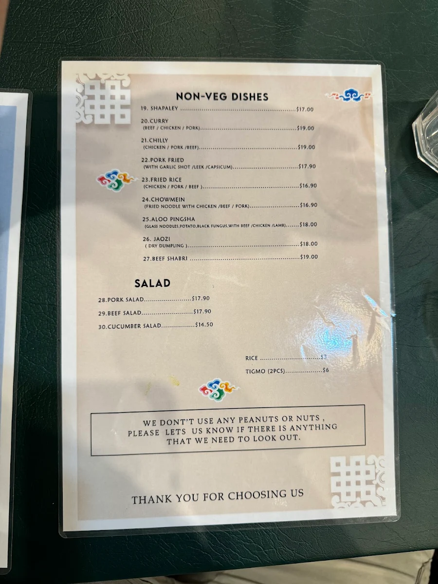 Menu, TIBETAN PEACE RESTAURANT