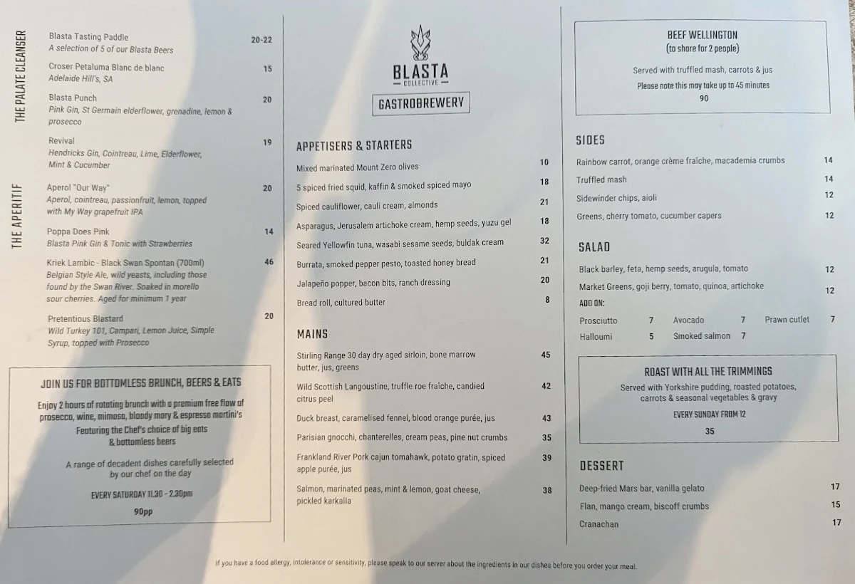 Menu, Blasta Gastrobrewery