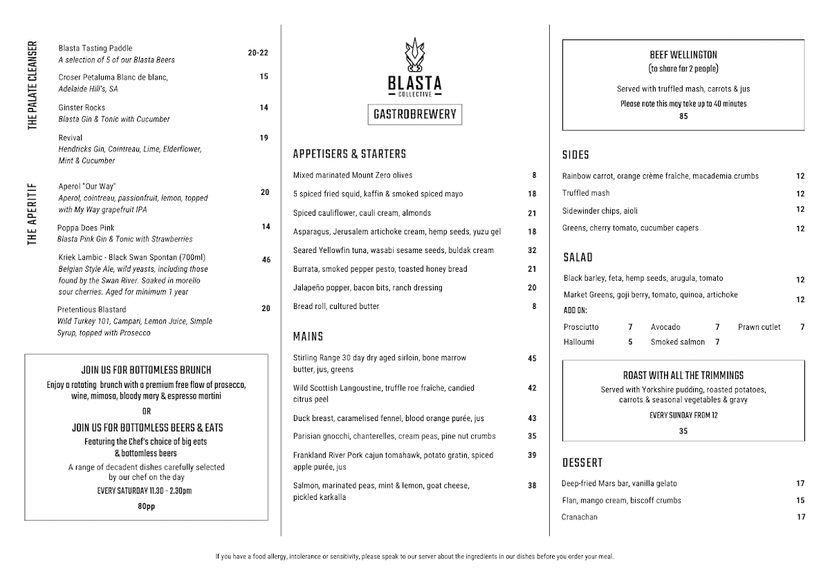 Menu, Blasta Gastrobrewery