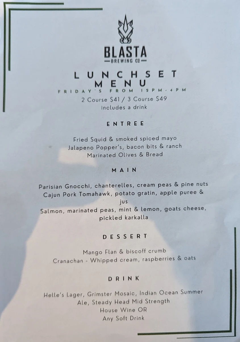 Menu, Blasta Gastrobrewery