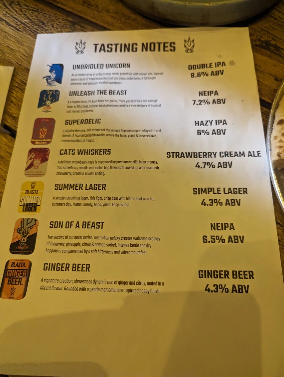 Menu, Blasta Gastrobrewery
