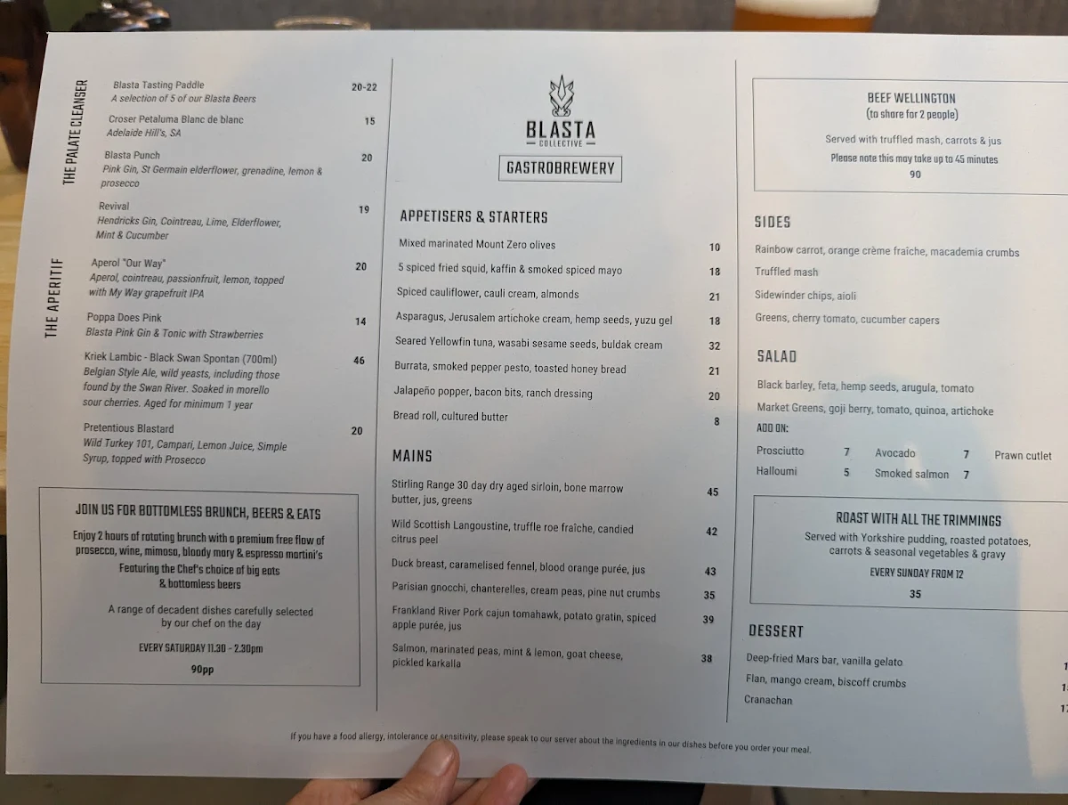 Menu, Blasta Gastrobrewery