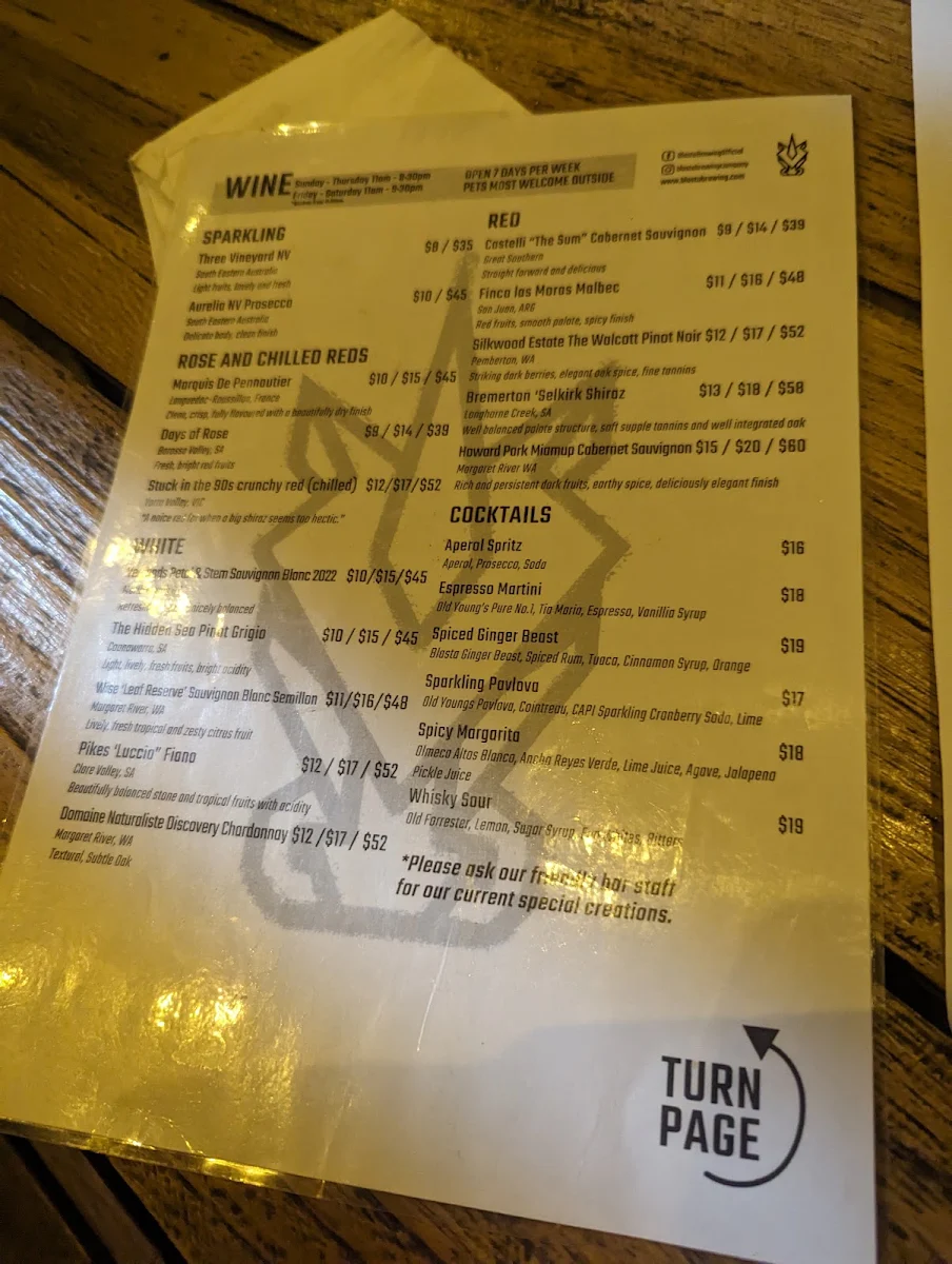 Menu, Blasta Gastrobrewery