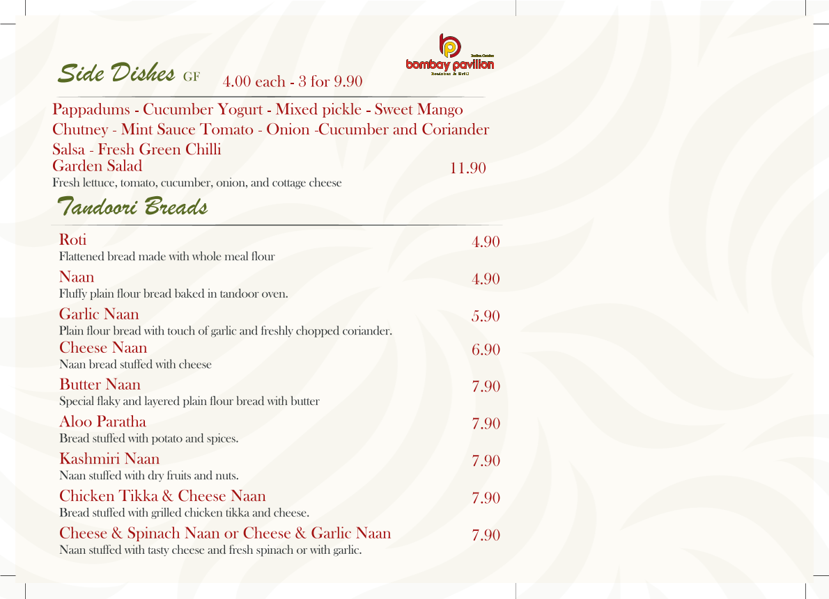 Menu, Bombay Pavilion