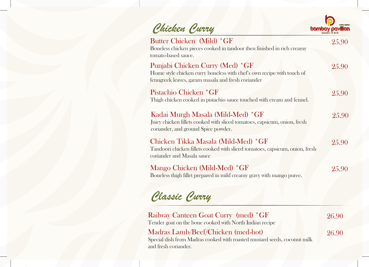 Menu, Bombay Pavilion