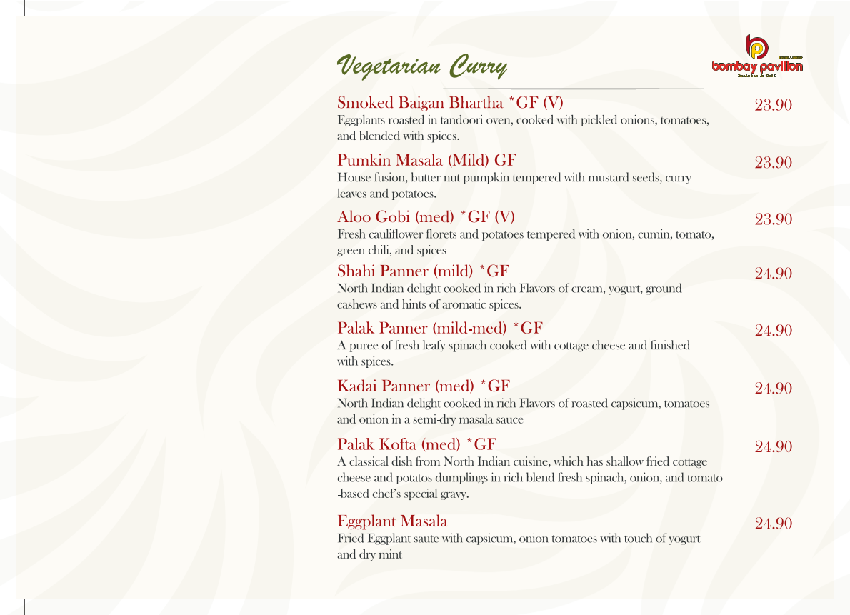 Menu, Bombay Pavilion