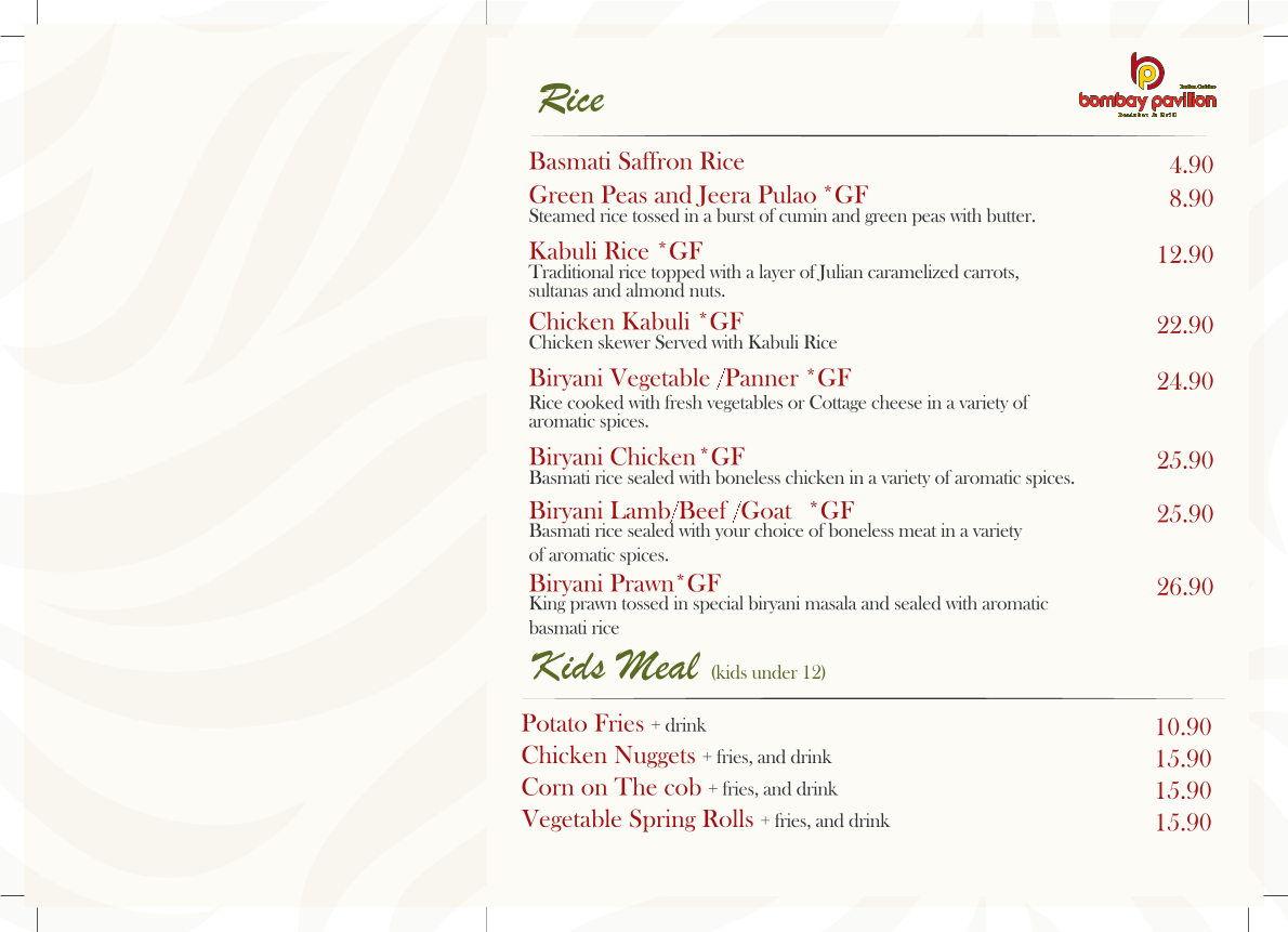 Menu, Bombay Pavilion